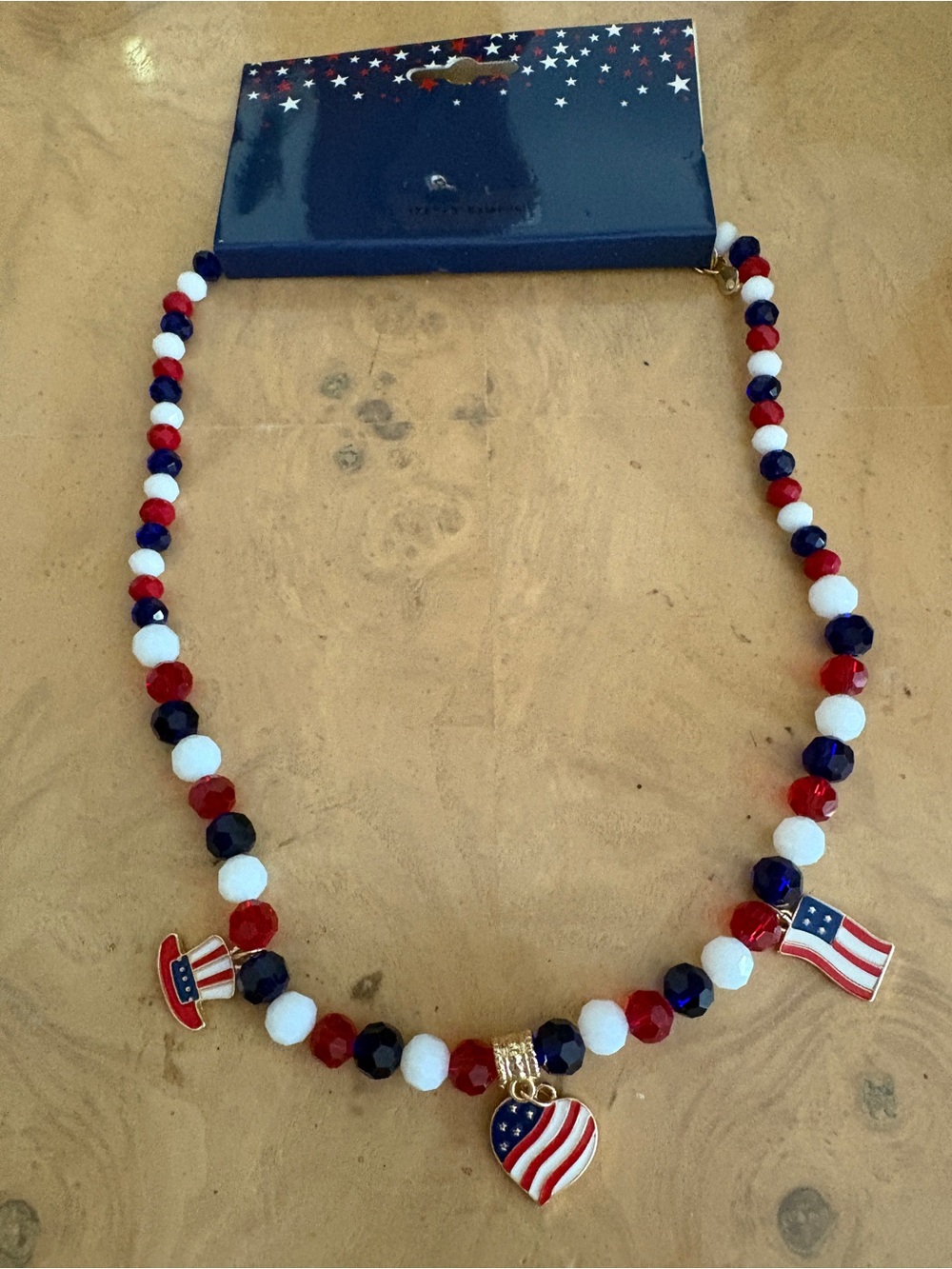 Patriotic Red, White & Blue Beaded Necklace with Flag Charms